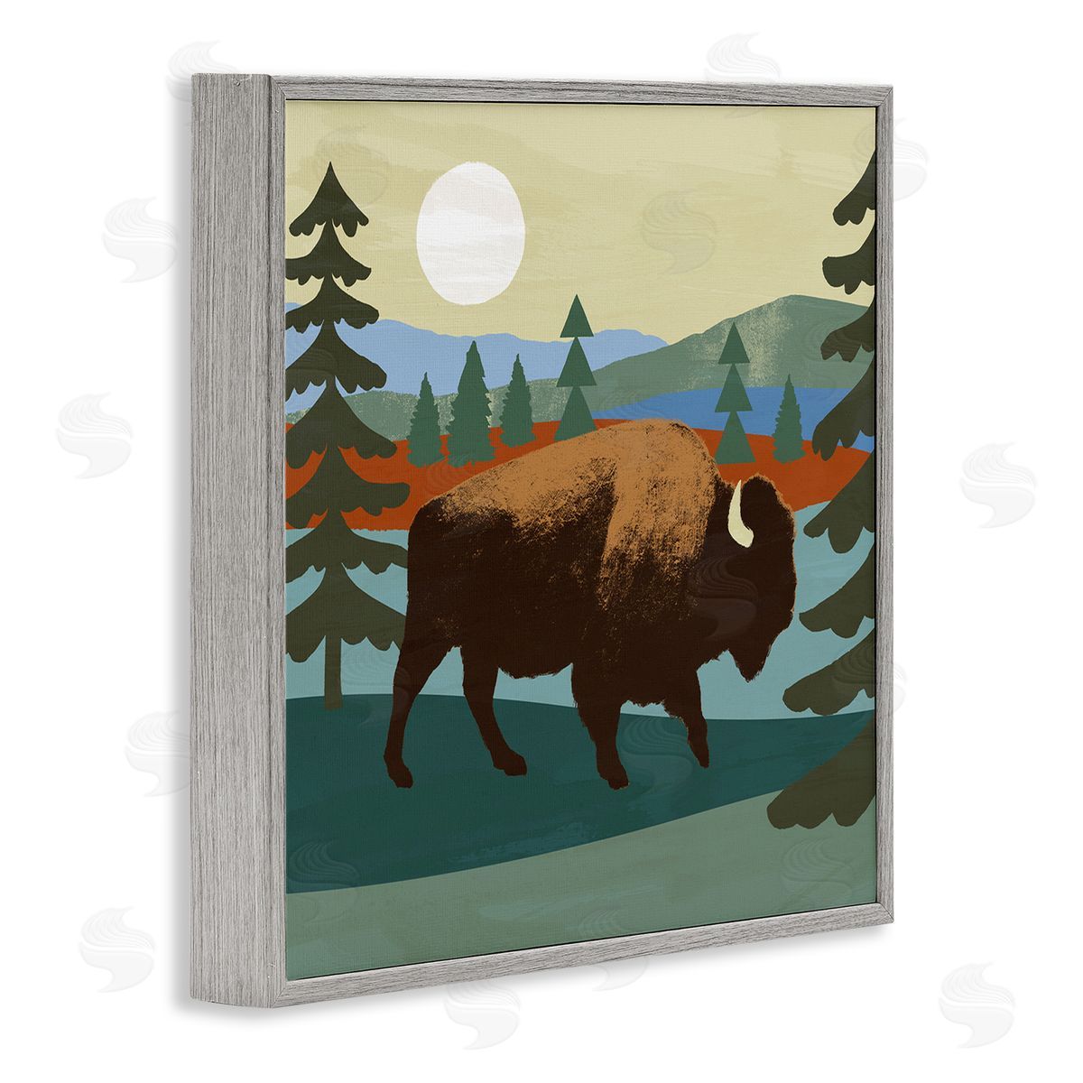 Victoria Barnes Sunny Wild Bison Woodlands Lake Trees Collage  Gray Framed Glicee Wall Art Print