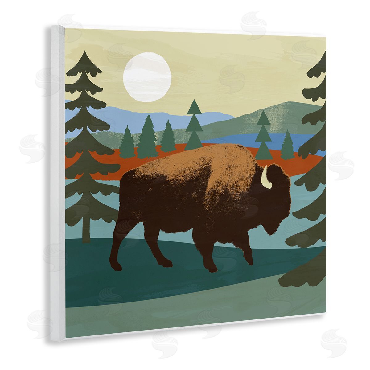 Victoria Barnes Sunny Wild Bison Woodlands Lake Trees Collage  Wooden Wall Plaque Art Print