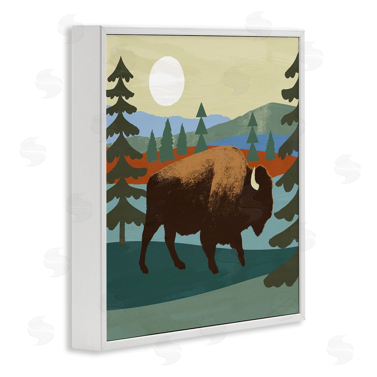 Victoria Barnes Sunny Wild Bison Woodlands Lake Trees Collage  White Framed Glicee Wall Art Print