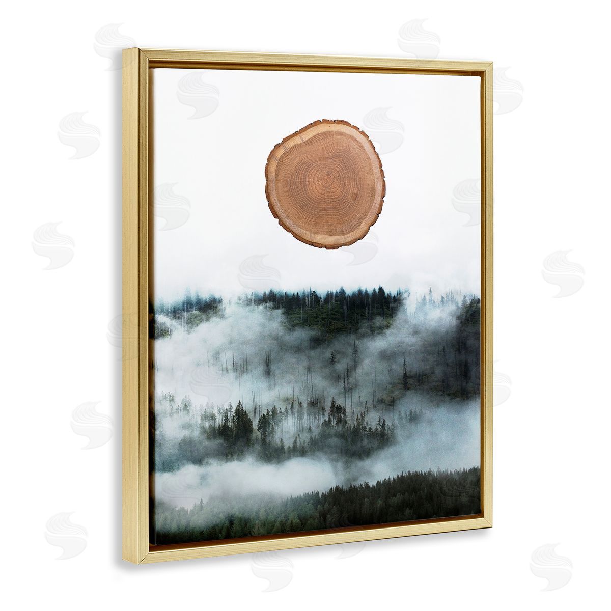 Bellassai Art Tree Trunk Foggy Mountain Gold Floating Frame Canvas Wall Art Print