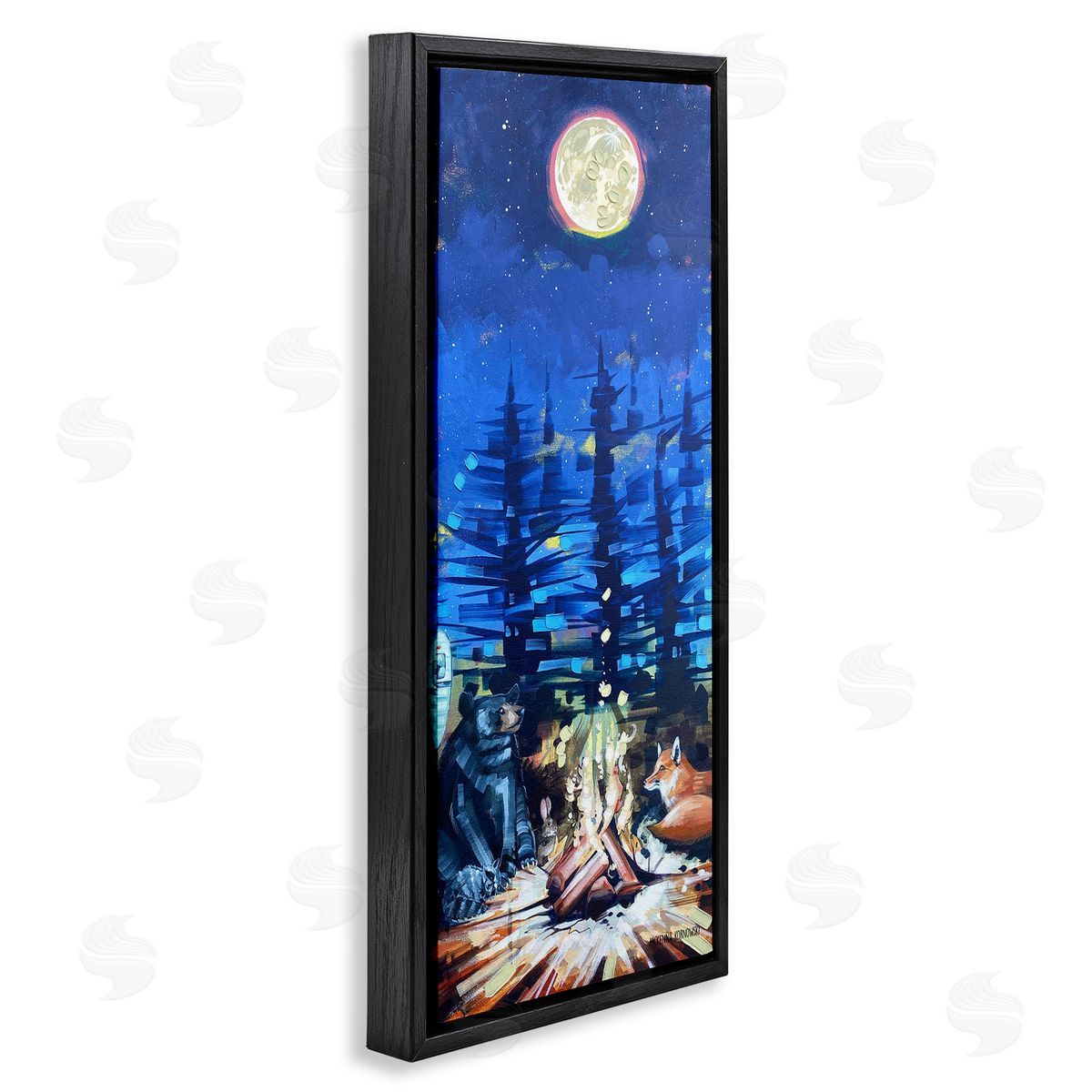 Wildlife Camper Animls & Bonfire Black Floating Frame Canvas Wall Art, Home Decor by McKenna Kornowski