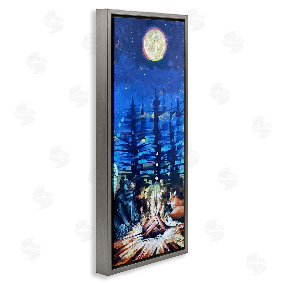 Wildlife Camper Animls & Bonfire Grey Floating Frame Canvas Wall Art, Home Decor by McKenna Kornowski