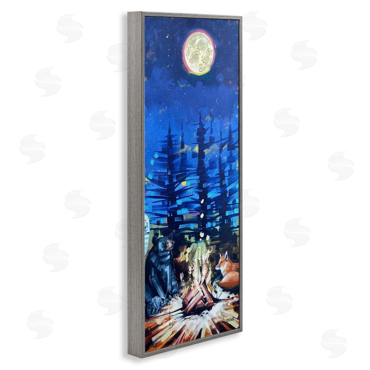 Wildlife Camper Animls & Bonfire Grey Frame Print Wall Art, Home Decor by McKenna Kornowski