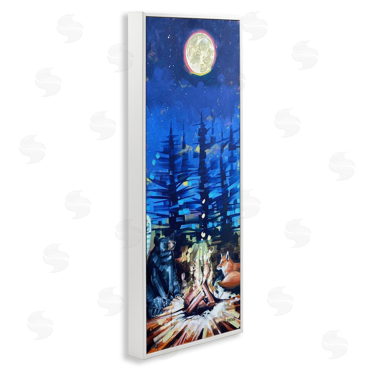Wildlife Camper Animls & Bonfire White Frame Print Wall Art, Home Decor by McKenna Kornowski