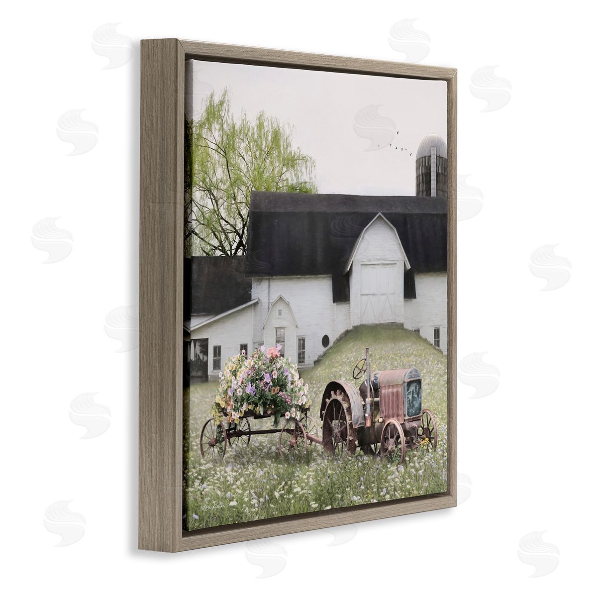 Floral Tractor in Farmhouse Field Brown Floating Frame Canvas Wall Art, Home Decor by Lori Deiter