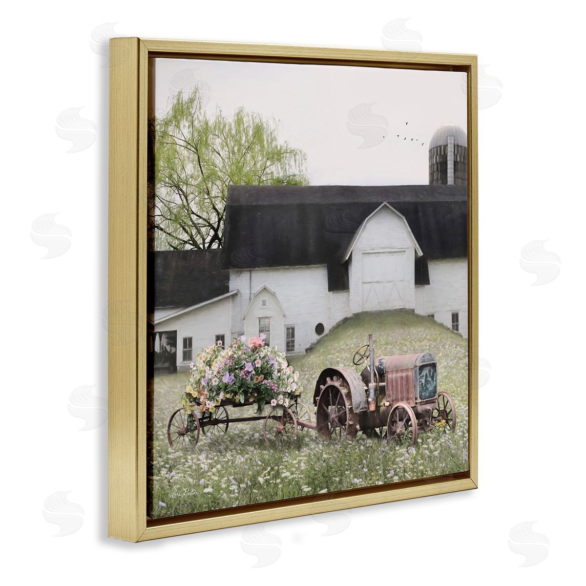 Floral Tractor in Farmhouse Field Gold Floating Frame Canvas Wall Art, Home Decor by Lori Deiter