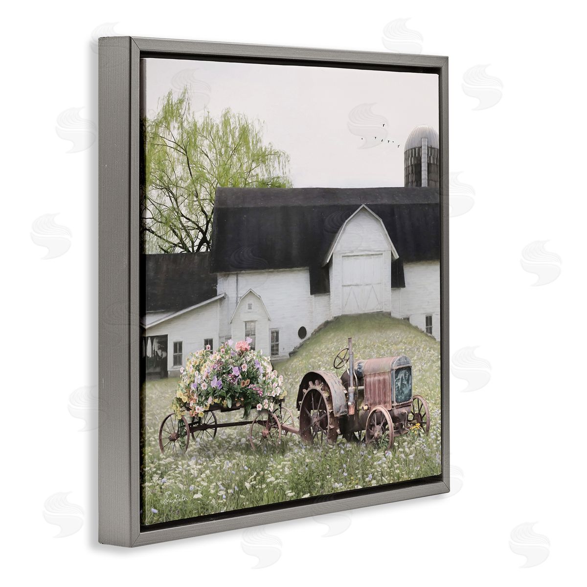 Floral Tractor in Farmhouse Field Grey Floating Frame Canvas Wall Art, Home Decor by Lori Deiter