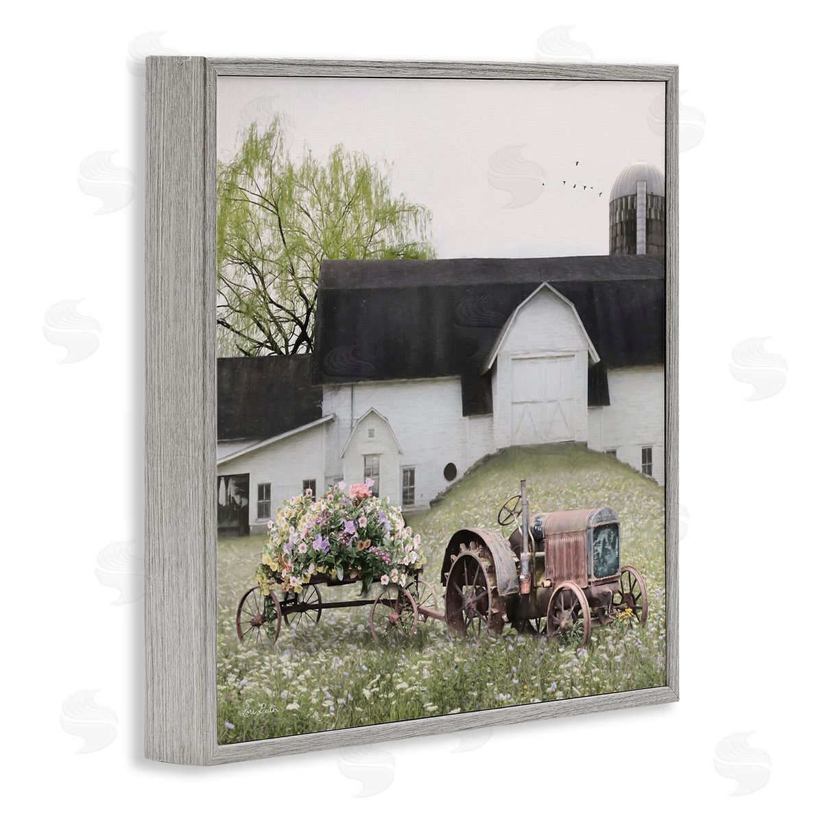 Floral Tractor in Farmhouse Field Grey Frame Print Wall Art, Home Decor by Lori Deiter