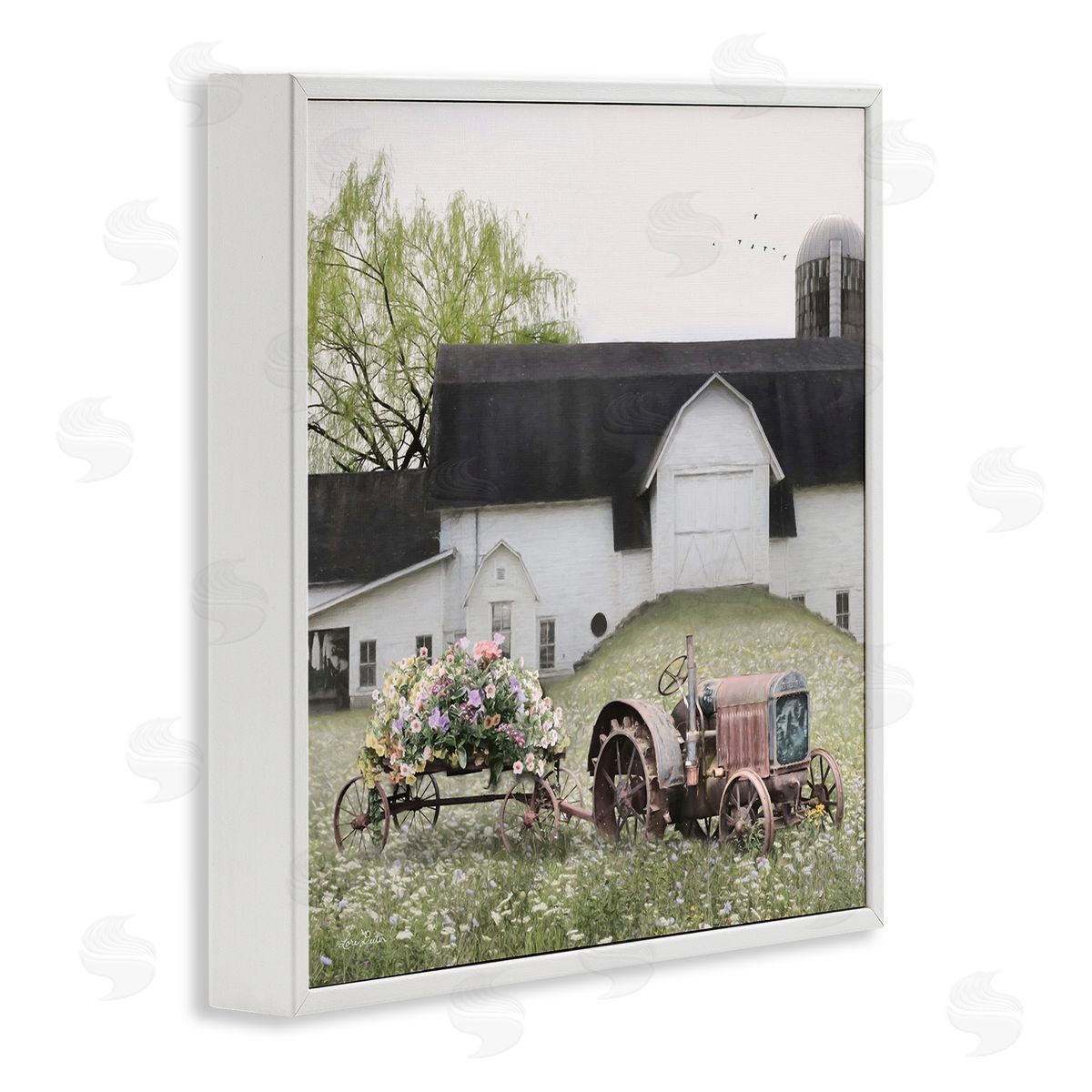 Floral Tractor in Farmhouse Field White Frame Print Wall Art, Home Decor by Lori Deiter