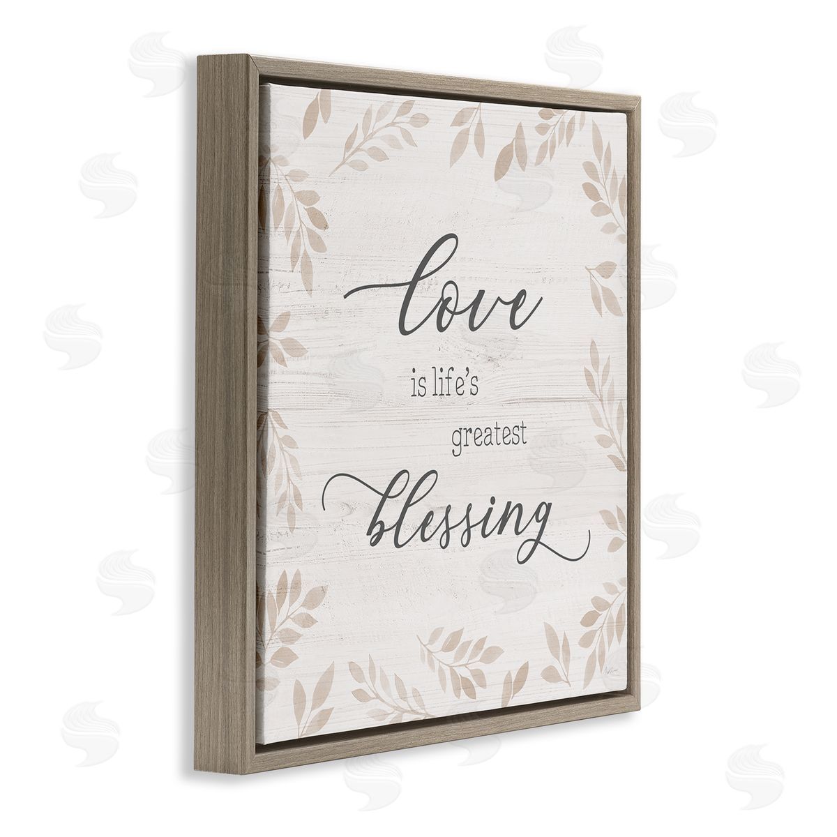 Natalie Carpentieri Love Is Greatest Blessing Motivational Phrase Brown Plant Leaves Brown Floating Frame Canvas Wall Art Print