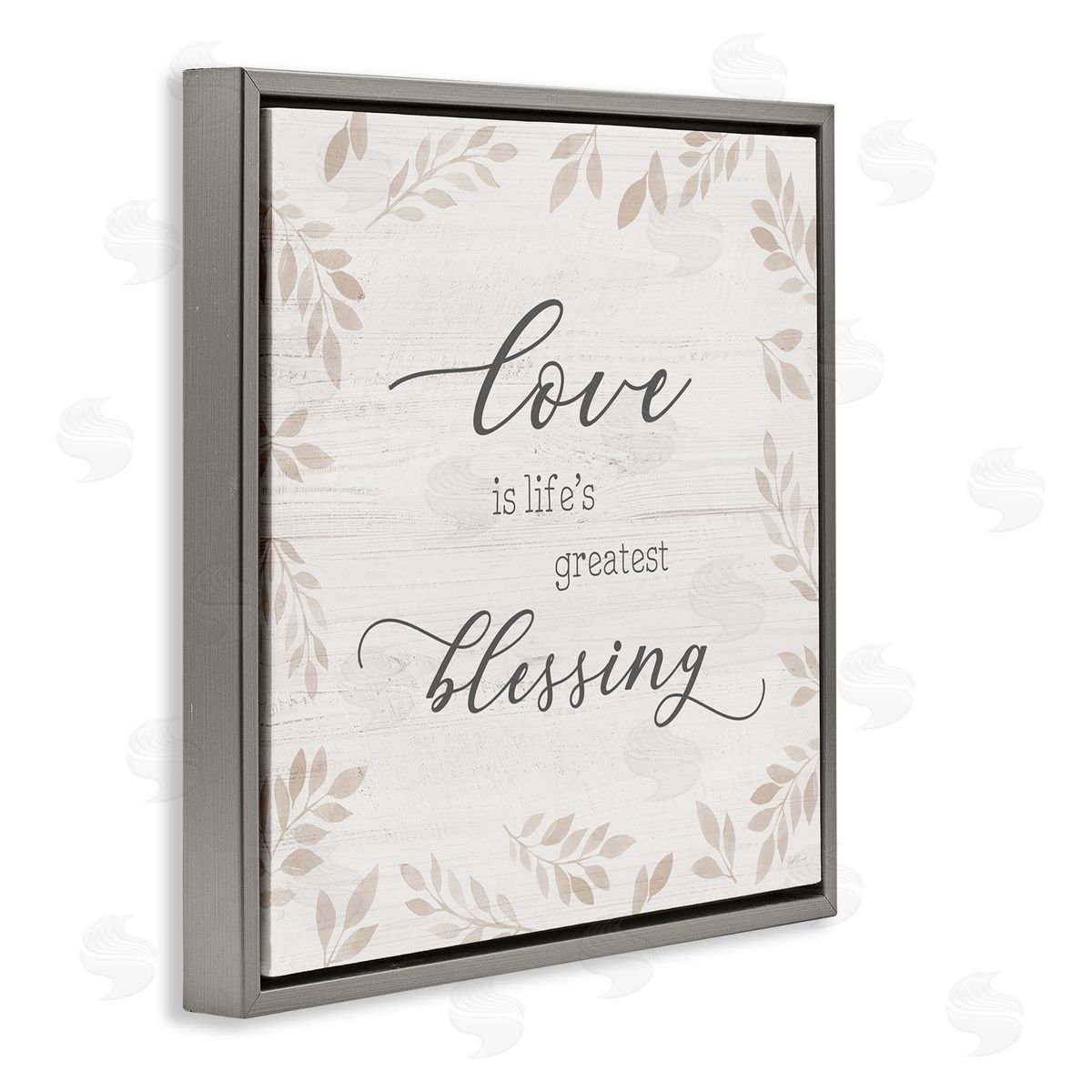 Natalie Carpentieri Love Is Greatest Blessing Motivational Phrase Brown Plant Leaves Gray Floating Frame Canvas Wall Art Print