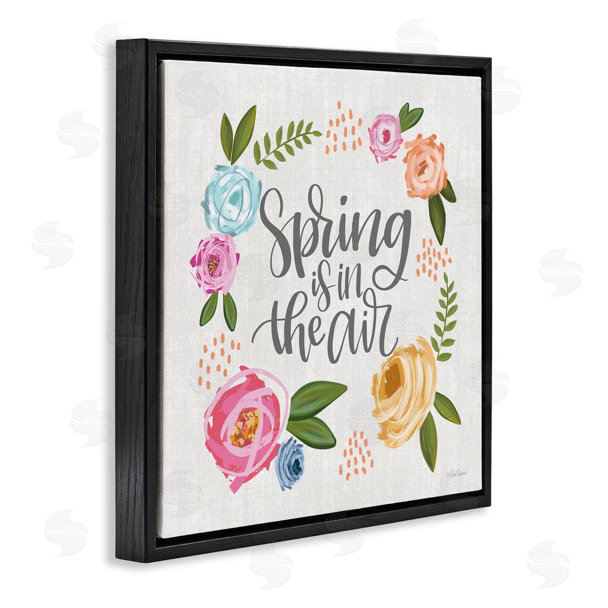 Lisa Larson Spring's in the Air Motivational Phrase Abstract Blooming Flowers Black Floating Frame Canvas Wall Art Print