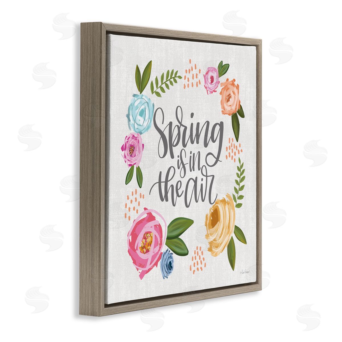 Lisa Larson Spring's in the Air Motivational Phrase Abstract Blooming Flowers Brown Floating Frame Canvas Wall Art Print