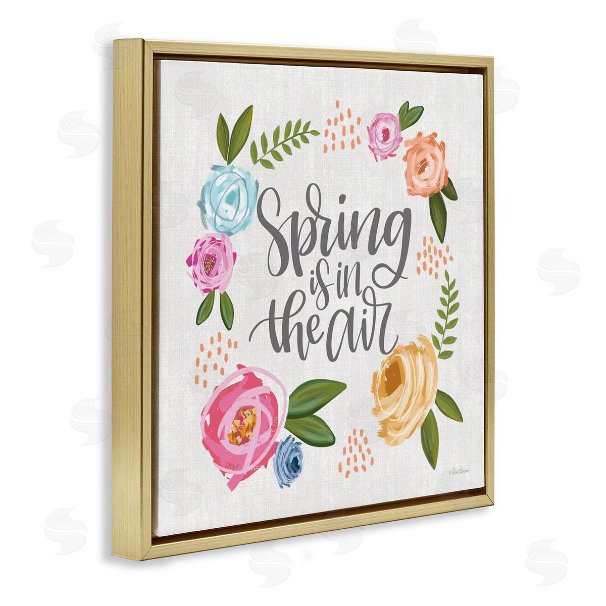 Lisa Larson Spring's in the Air Motivational Phrase Abstract Blooming Flowers Gold Floating Frame Canvas Wall Art Print