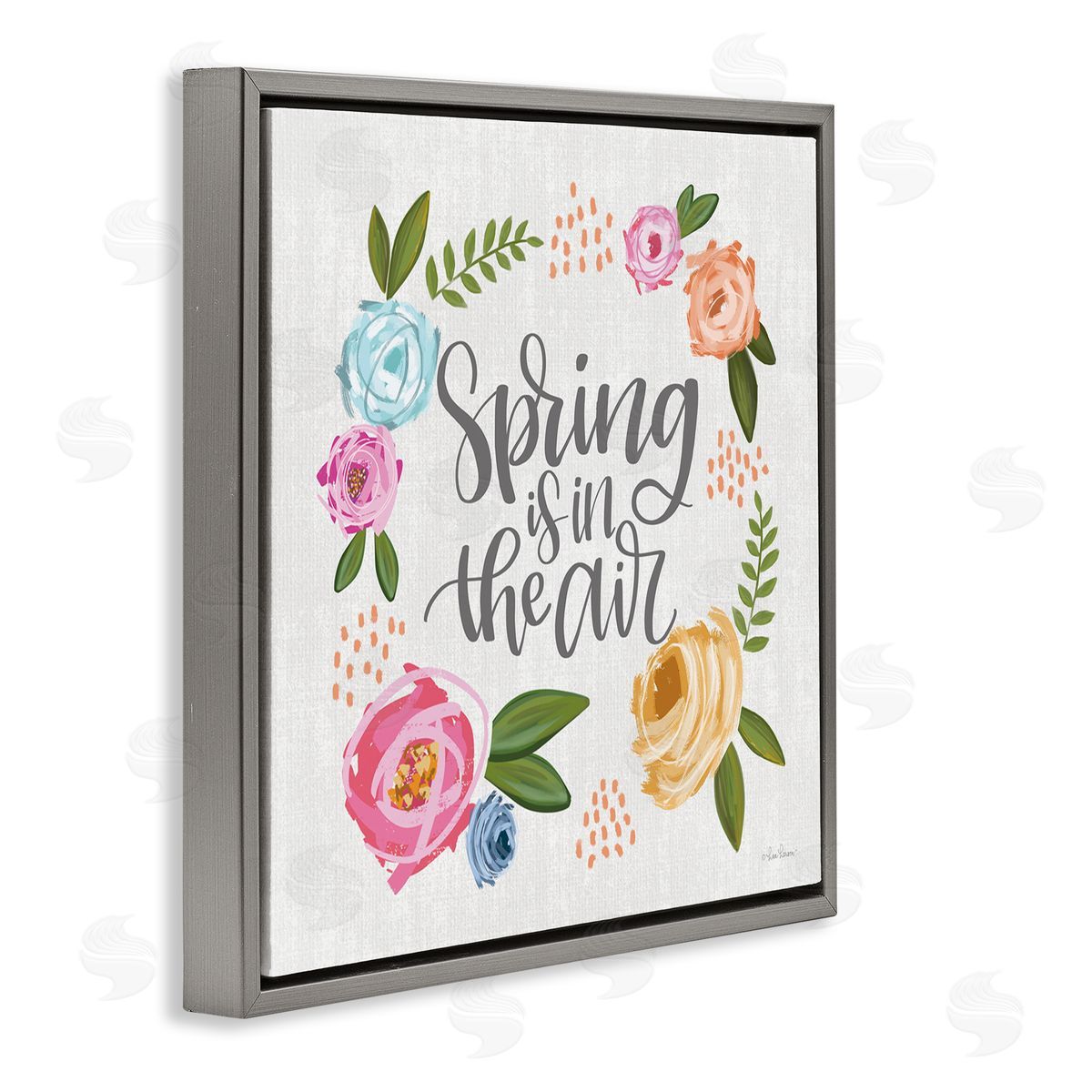 Lisa Larson Spring's in the Air Motivational Phrase Abstract Blooming Flowers Gray Floating Frame Canvas Wall Art Print