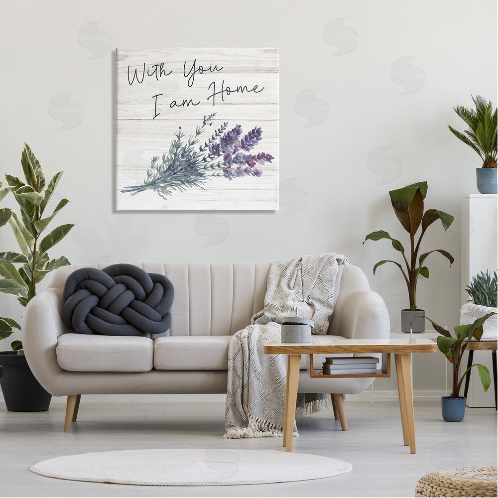Nicole DeCamp With You I'm Home Inspirational Family Sign Blue Hyacinth Florals Canvas Wall Art in Room