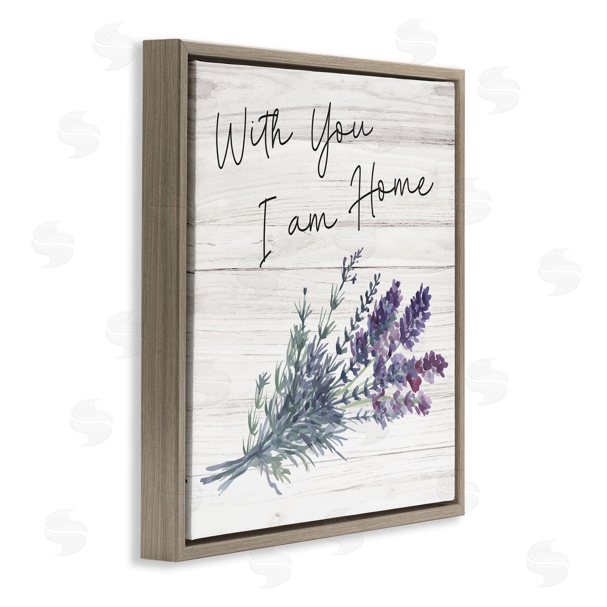 Nicole DeCamp With You I'm Home Inspirational Family Sign Blue Hyacinth Florals Brown Floating Frame Canvas Wall Art Print