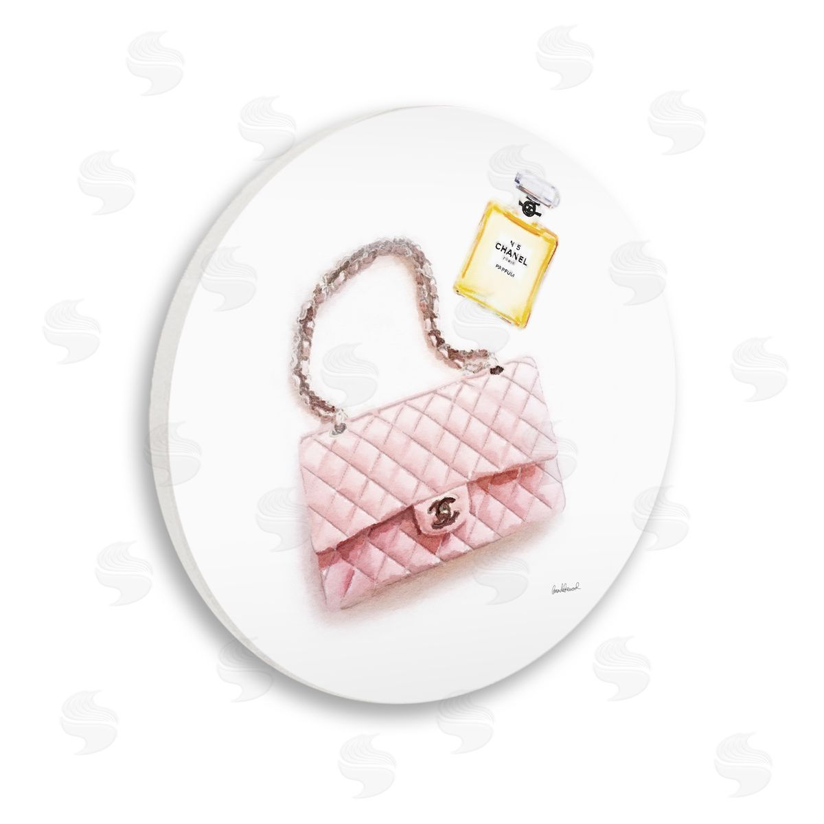 Amanda Greenwood Pink Purse Gold Perfume Glam Fashion Watercolor Design Wooden Wall Plaque Art Print