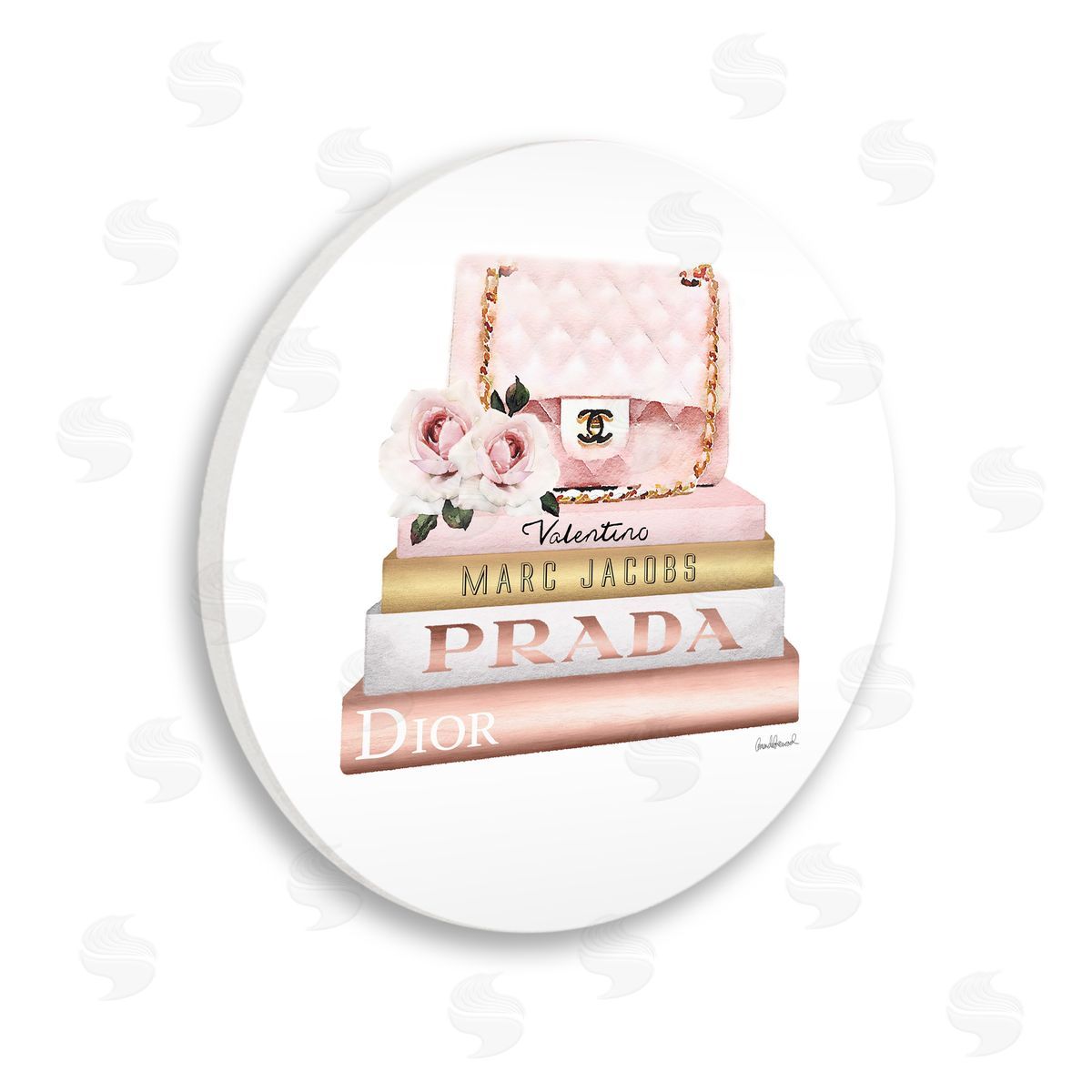 Amanda Greenwood Pink Purse Gold Bookstack Glam Fashion Watercolor Design Wooden Wall Plaque Art Print