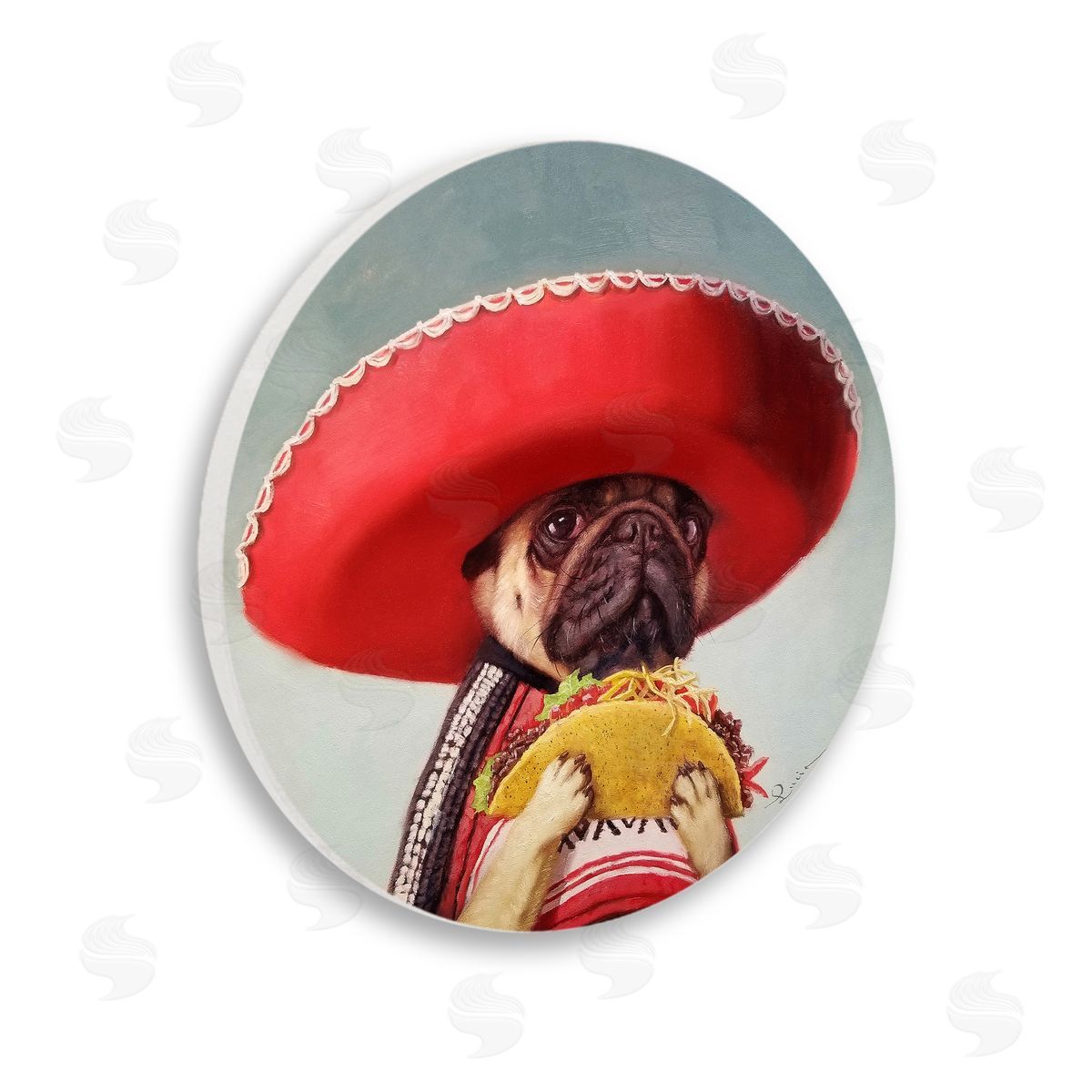 Lucia Heffernan Pug in Sombrero with Taco Fun Dog Painting Wooden Wall Plaque Art Print
