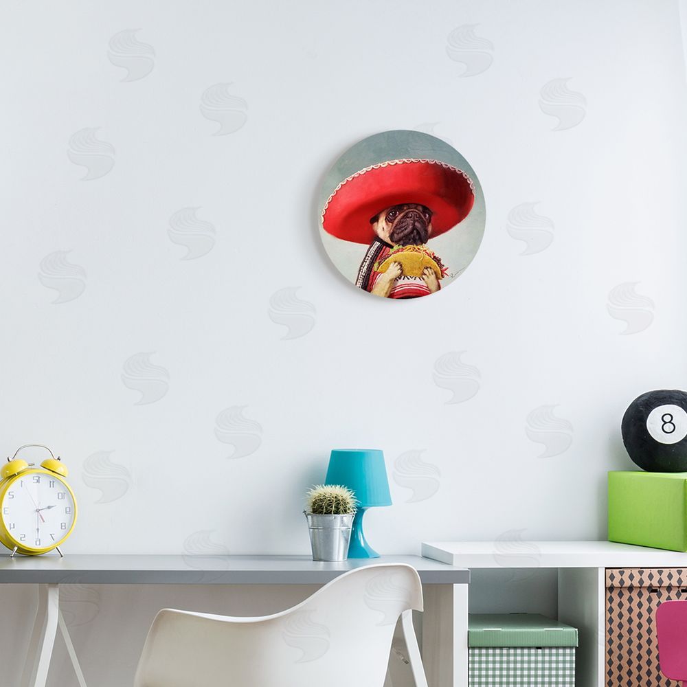 Lucia Heffernan Pug in Sombrero with Taco Fun Dog Painting Round Wall Plaque Art Print in Room