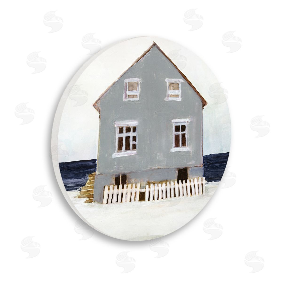 Stellar Design Studio Winter Beach House Landscape Cool Coast Line Wooden Wall Plaque Art Print