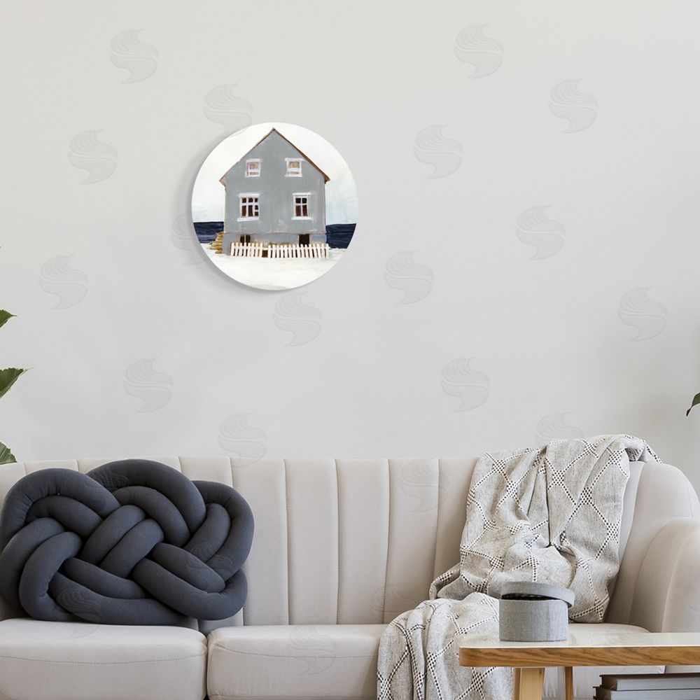 Stellar Design Studio Winter Beach House Landscape Cool Coast Line Round Wall Plaque Art Print in Room