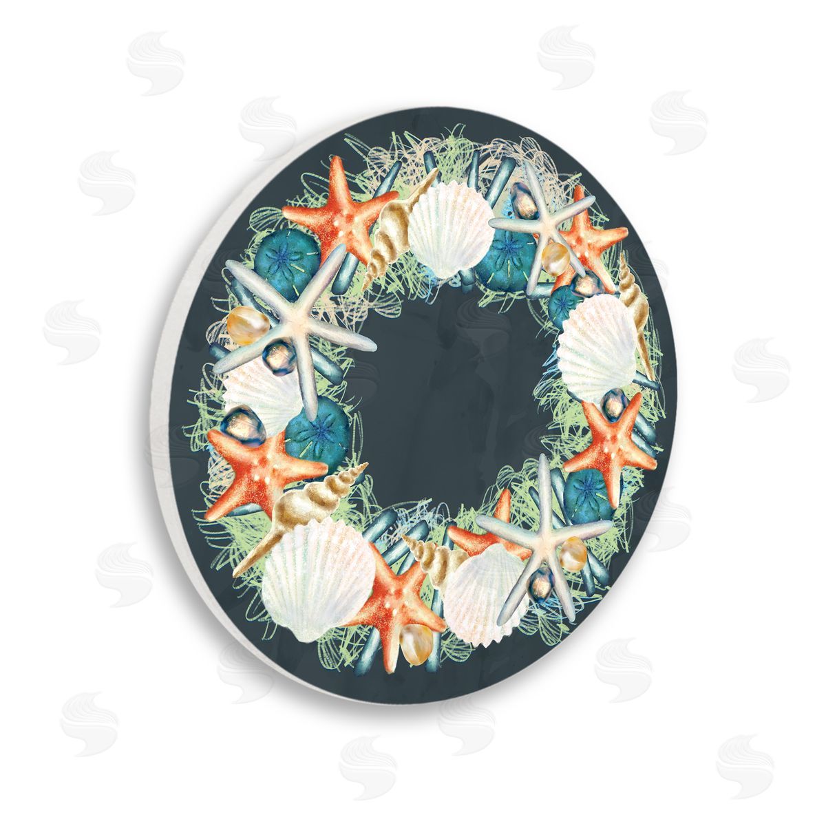 Ziwei Li Starfish and Nautical Sea Shell Wreath Wooden Wall Plaque Art Print