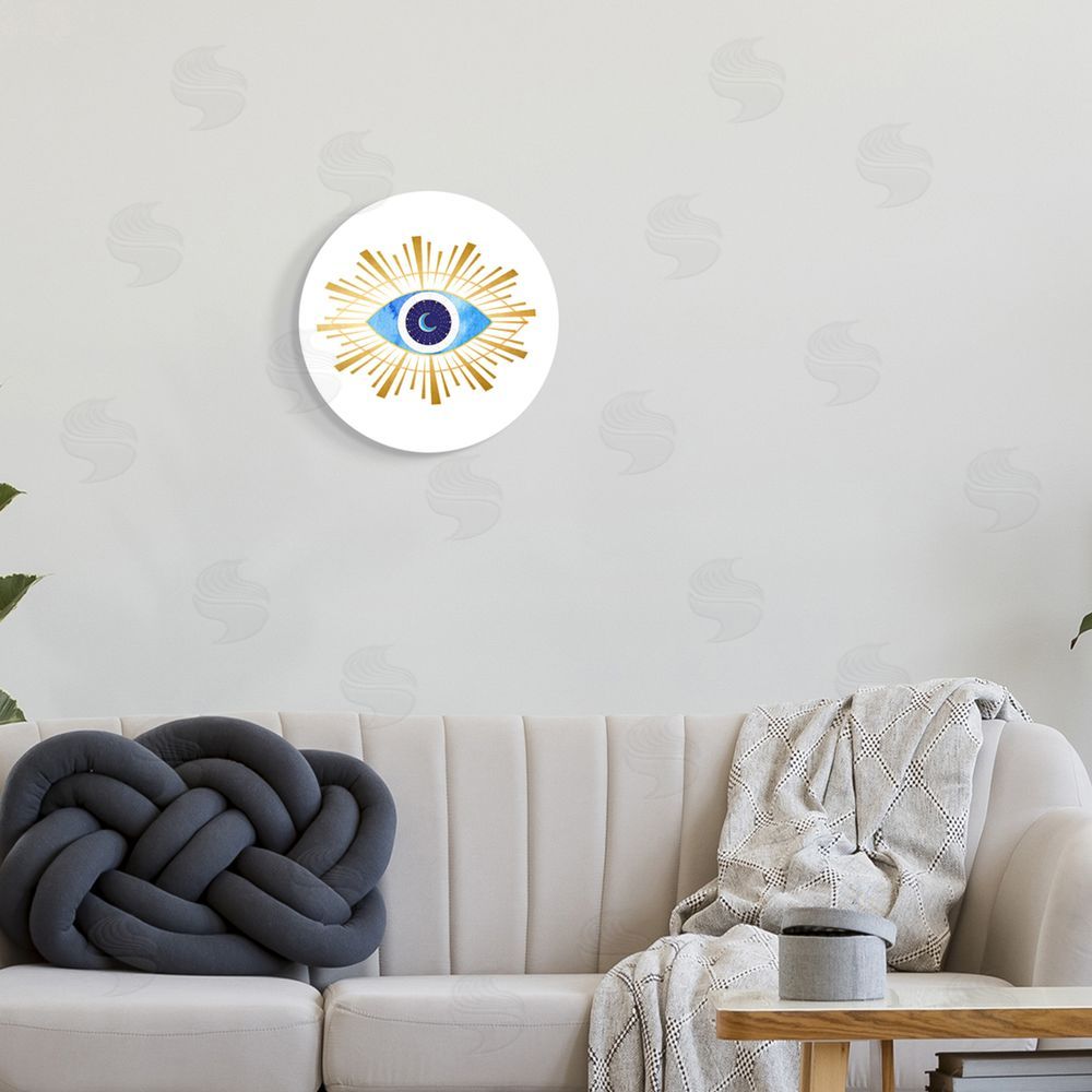 Amanda Greenwood Bold Blue Evil Eye Radiant Abstract Shapes Crescent Moon Round Wall Plaque Art Print in Room