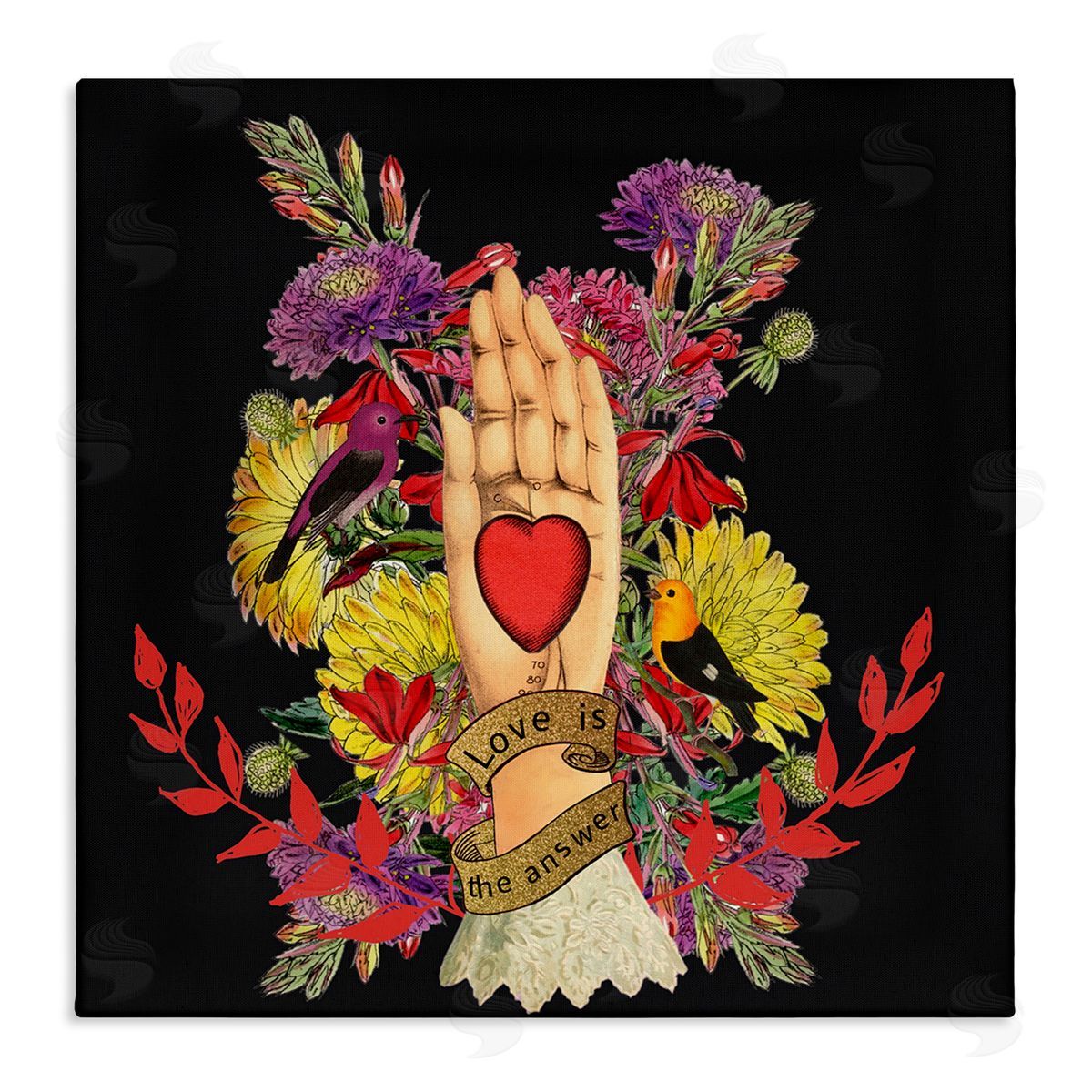 Erika C. Brothers Traditional Floral Motif Heart Palm Love Phrase  Stretched Canvas Wall Art Print