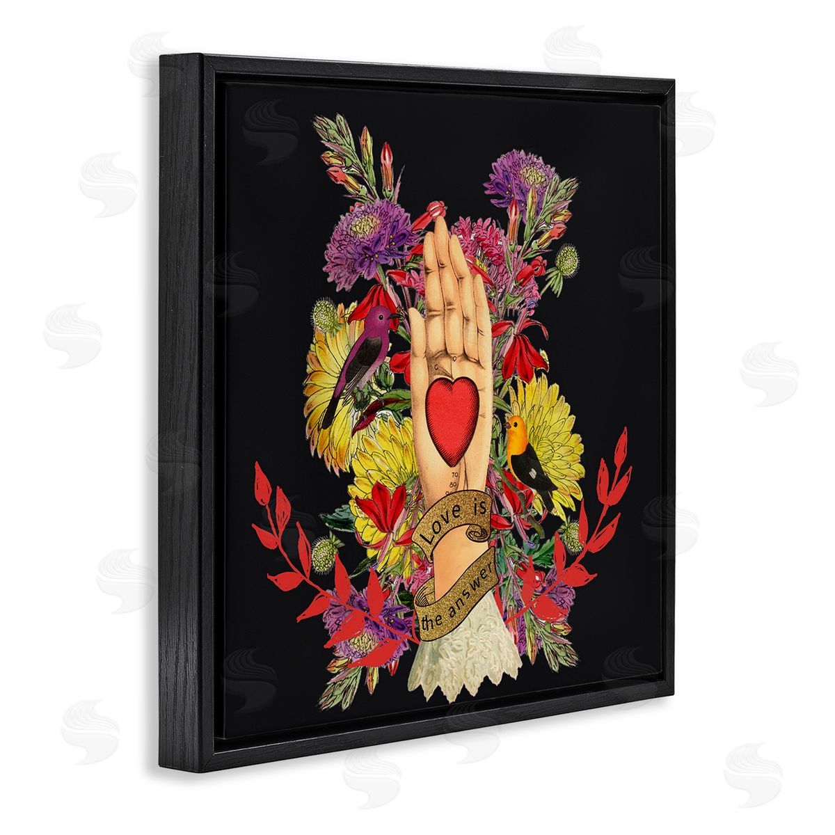 Erika C. Brothers Traditional Floral Motif Heart Palm Love Phrase  Black Floating Frame Canvas Wall Art Print