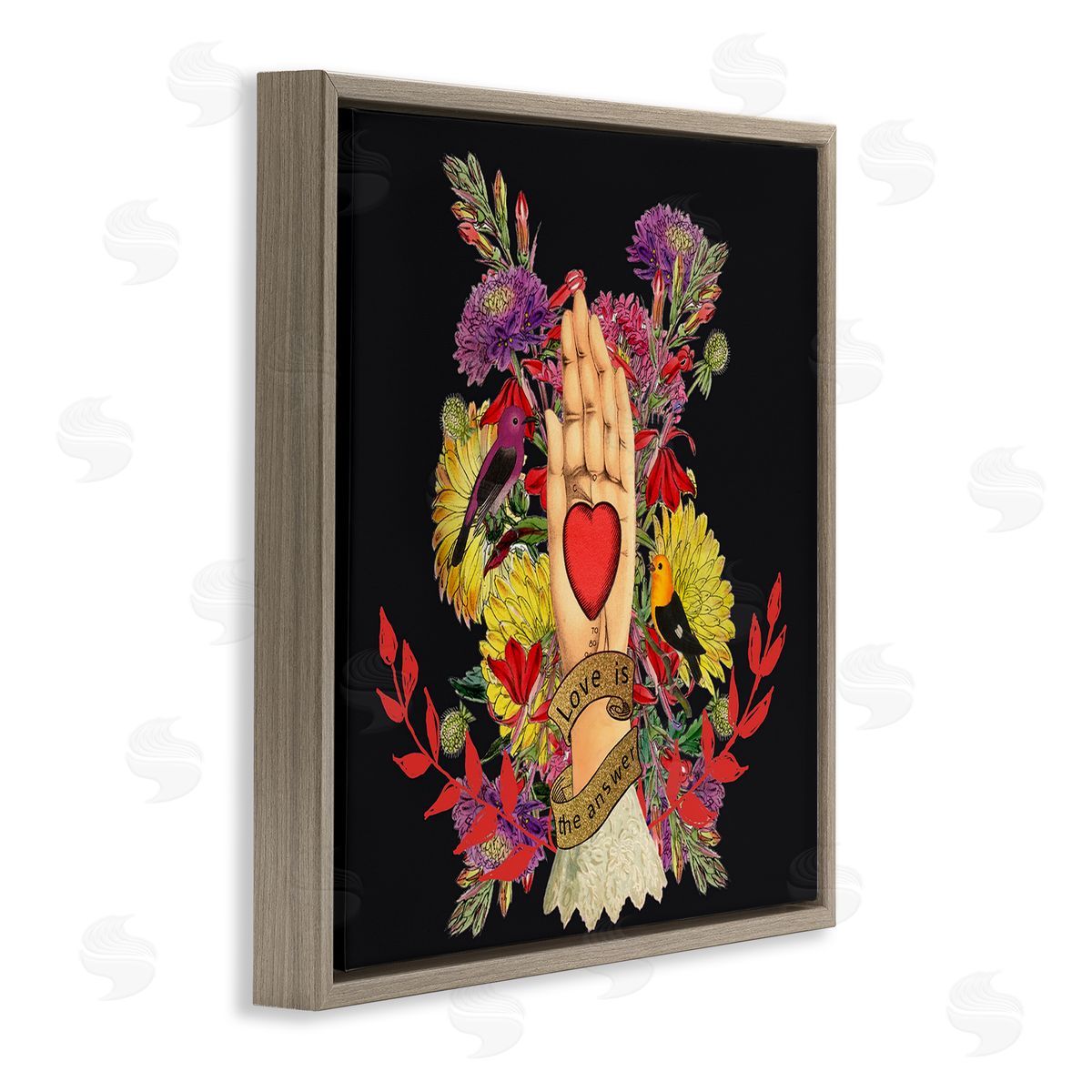 Erika C. Brothers Traditional Floral Motif Heart Palm Love Phrase  Brown Floating Frame Canvas Wall Art Print