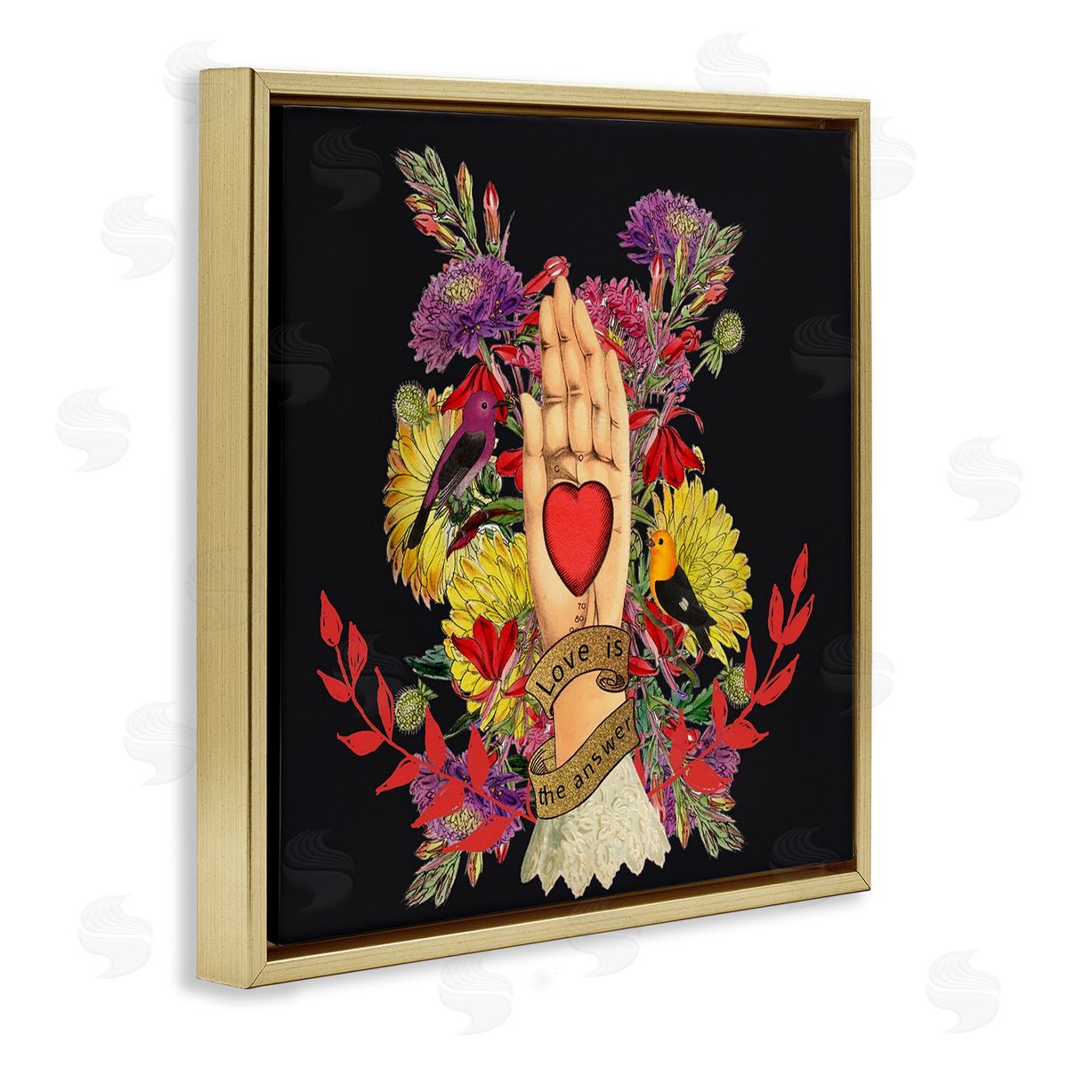 Erika C. Brothers Traditional Floral Motif Heart Palm Love Phrase  Gold Floating Frame Canvas Wall Art Print