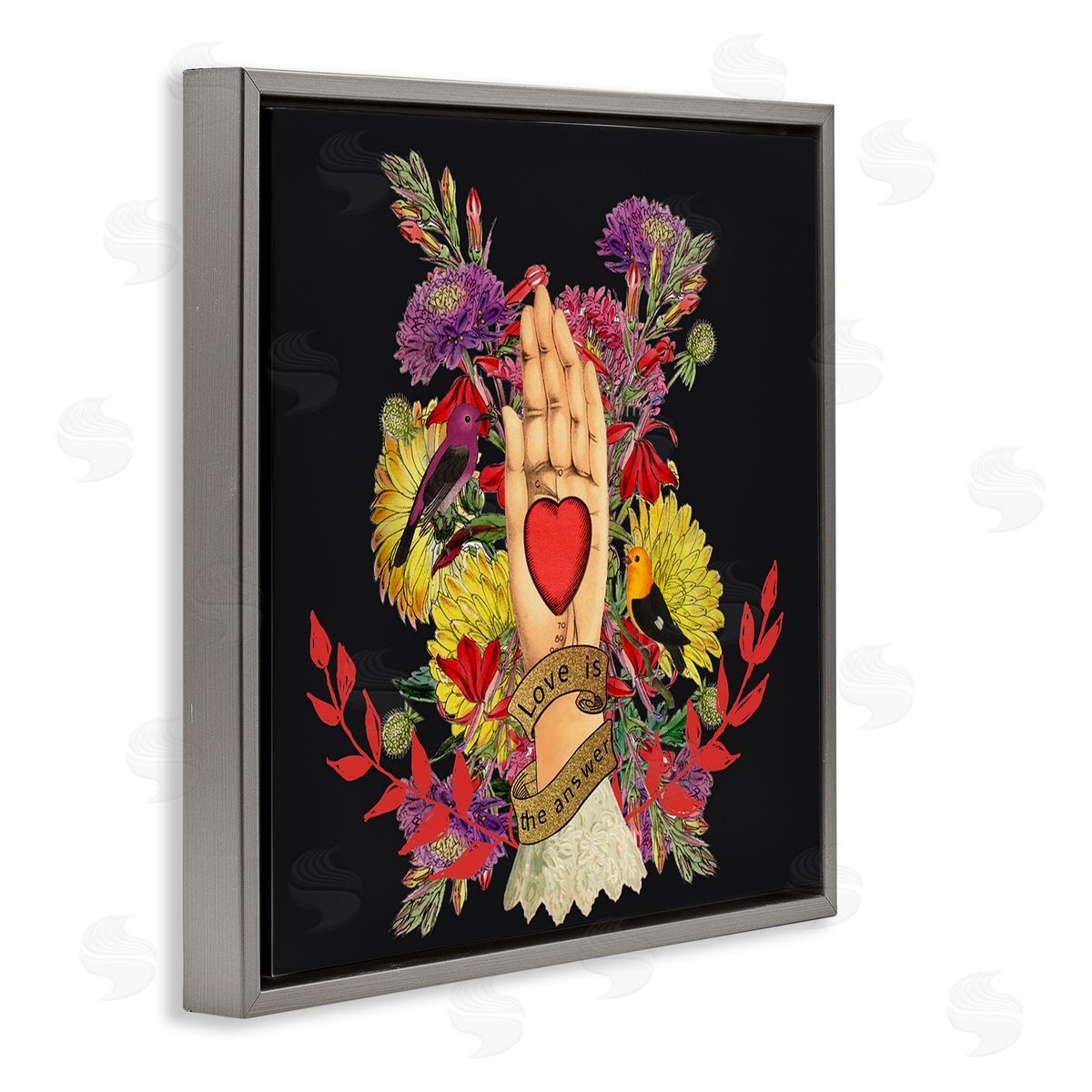 Erika C. Brothers Traditional Floral Motif Heart Palm Love Phrase  Gray Floating Frame Canvas Wall Art Print