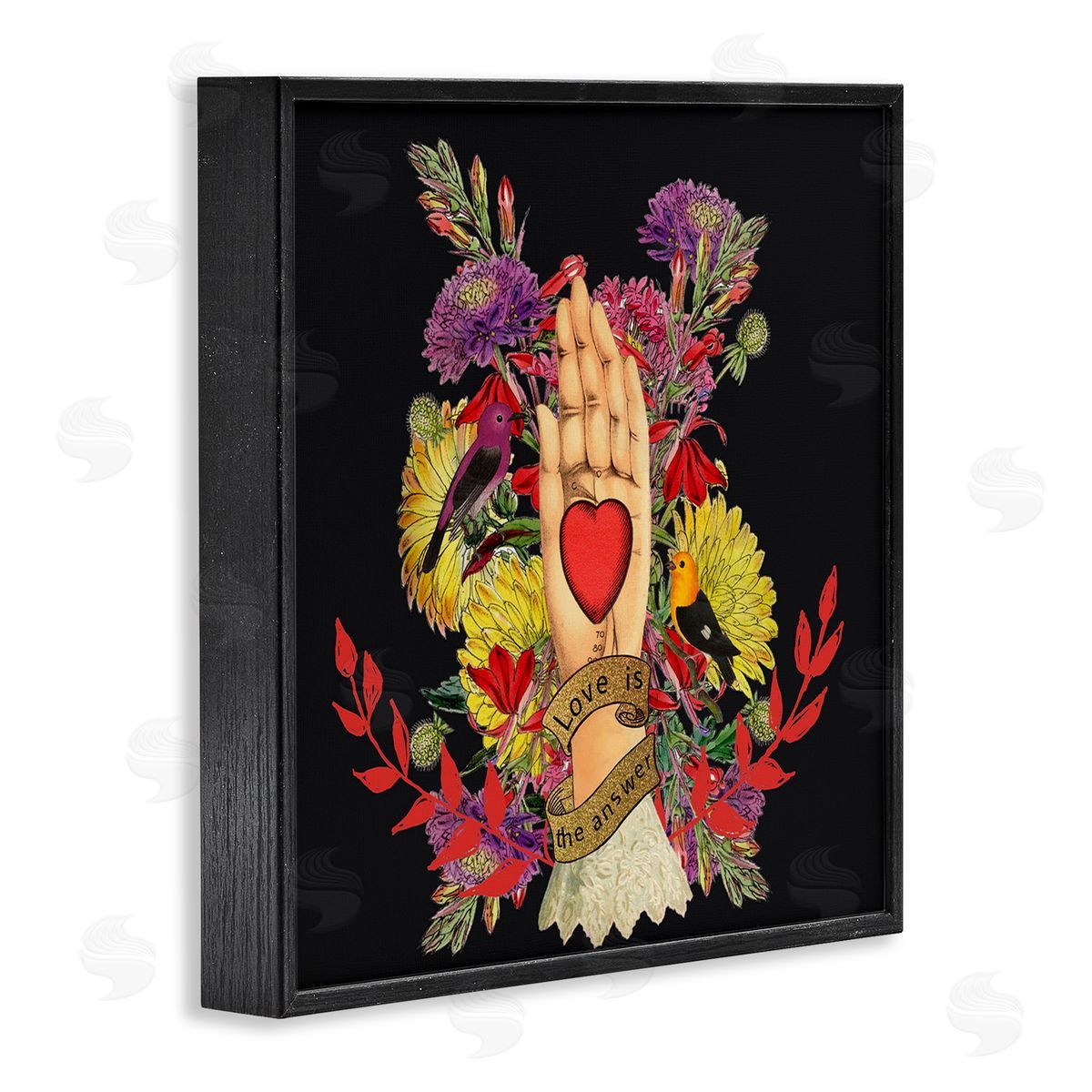 Erika C. Brothers Traditional Floral Motif Heart Palm Love Phrase  Black Framed Glicee Wall Art Print