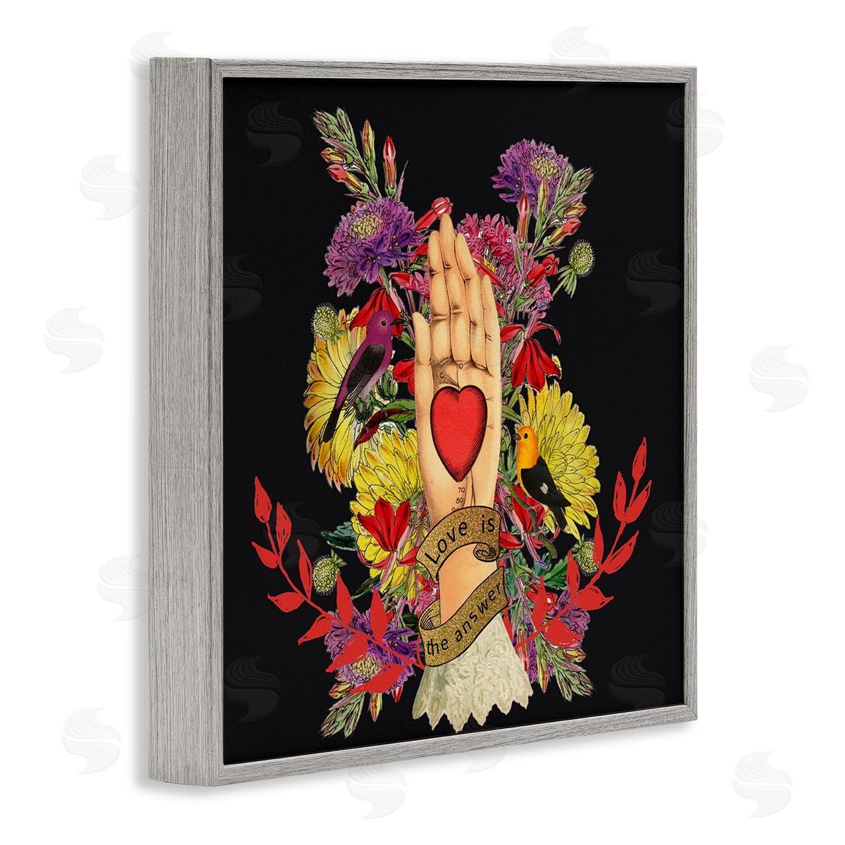 Erika C. Brothers Traditional Floral Motif Heart Palm Love Phrase  Gray Framed Glicee Wall Art Print
