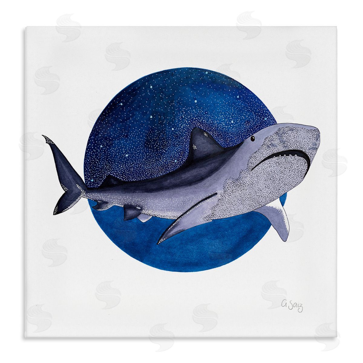 Ale Saiz Studio Great White Shark Swimming Starry Night Sky  Stretched Canvas Wall Art Print