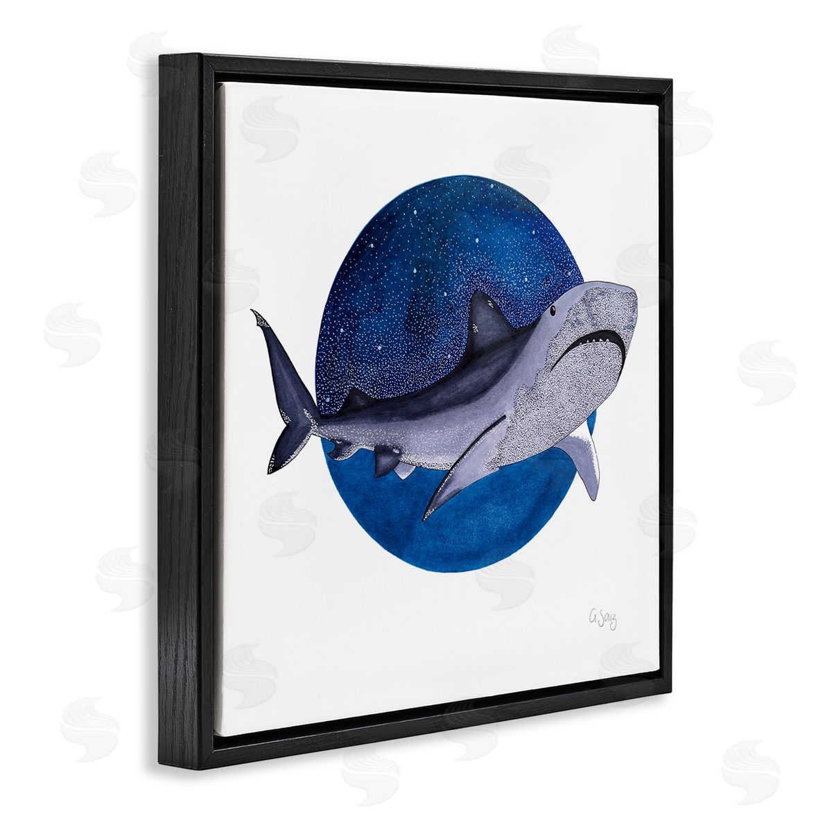 Ale Saiz Studio Great White Shark Swimming Starry Night Sky  Black Floating Frame Canvas Wall Art Print