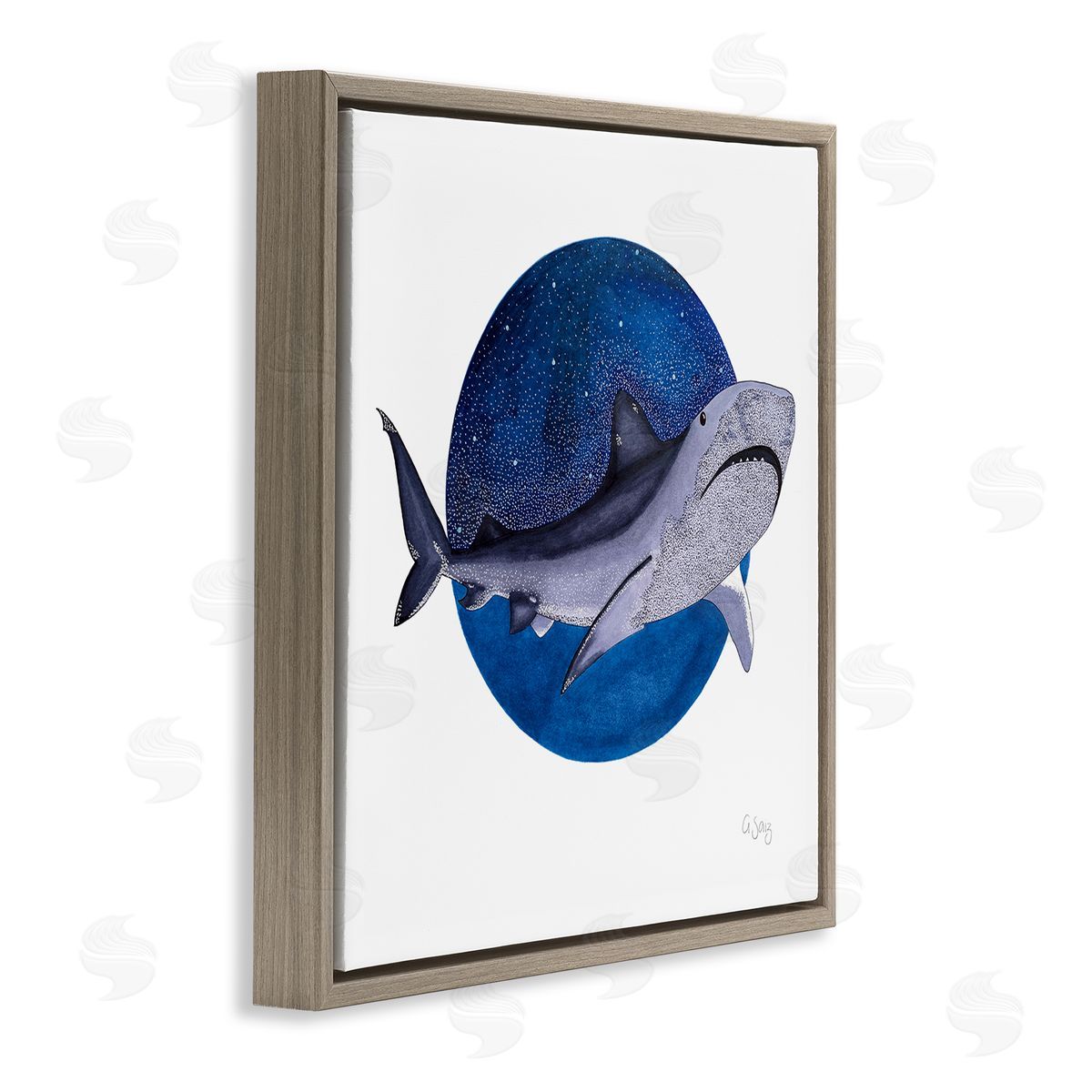 Ale Saiz Studio Great White Shark Swimming Starry Night Sky  Brown Floating Frame Canvas Wall Art Print