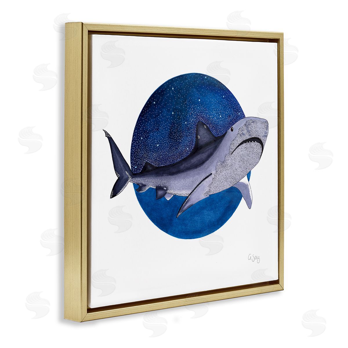 Ale Saiz Studio Great White Shark Swimming Starry Night Sky  Gold Floating Frame Canvas Wall Art Print