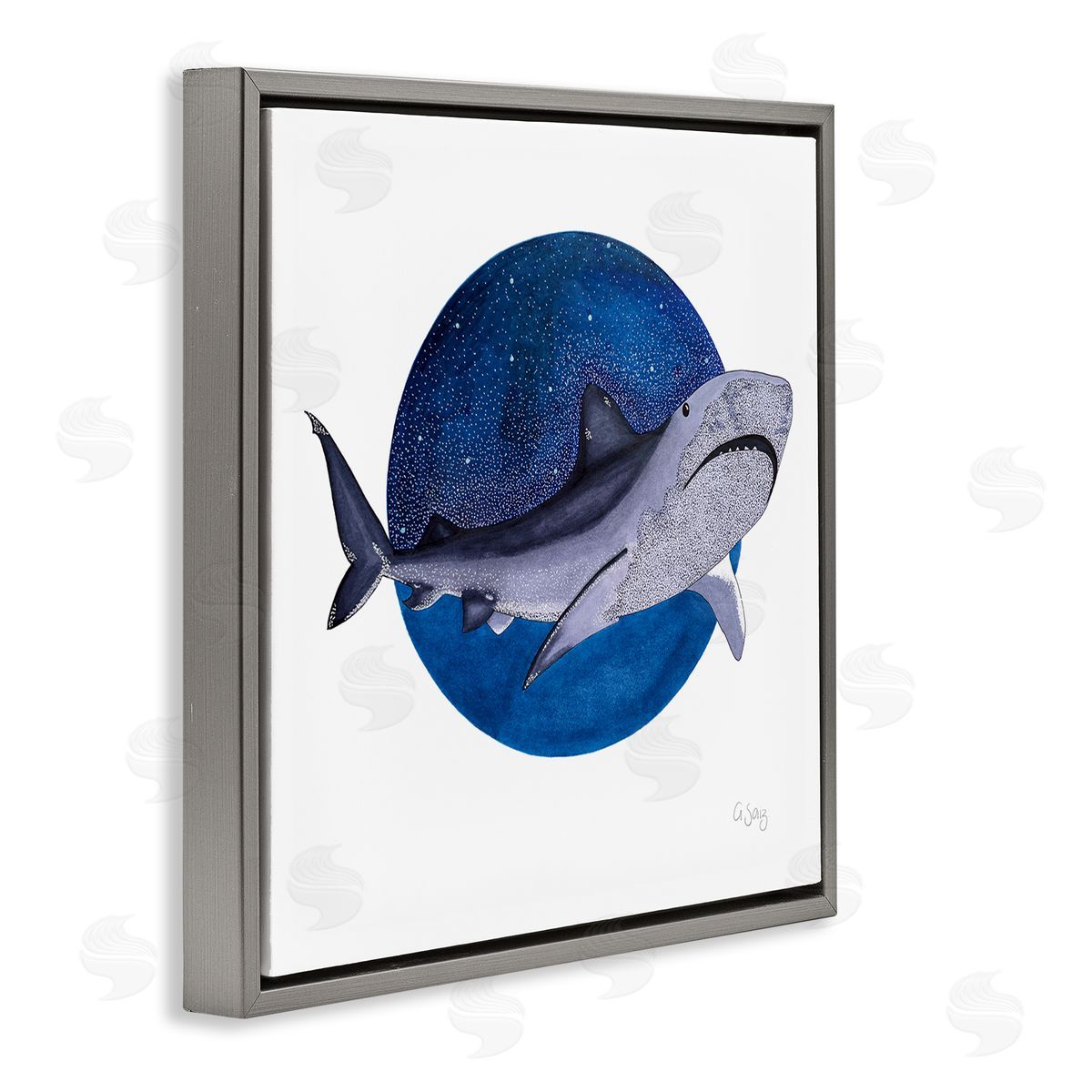Ale Saiz Studio Great White Shark Swimming Starry Night Sky  Gray Floating Frame Canvas Wall Art Print