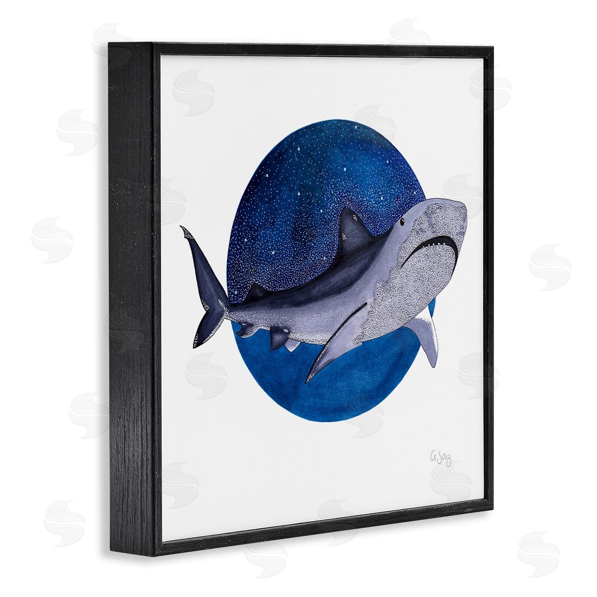 Ale Saiz Studio Great White Shark Swimming Starry Night Sky  Black Framed Glicee Wall Art Print