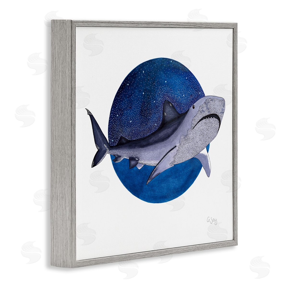 Ale Saiz Studio Great White Shark Swimming Starry Night Sky  Gray Framed Glicee Wall Art Print