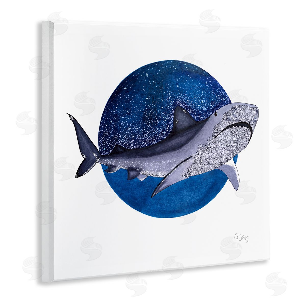 Ale Saiz Studio Great White Shark Swimming Starry Night Sky  Wooden Wall Plaque Art Print