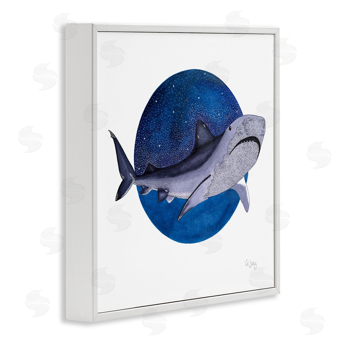 Ale Saiz Studio Great White Shark Swimming Starry Night Sky  White Framed Glicee Wall Art Print