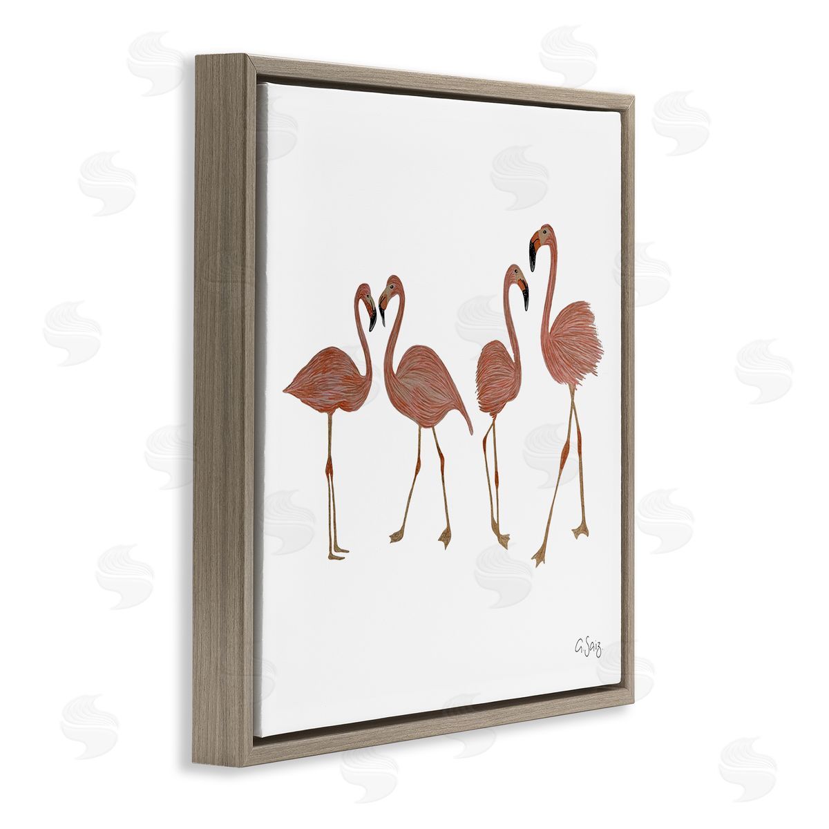 Ale Saiz Studio Mingling Pink Flamingo Birds Animal Illustration  Brown Floating Frame Canvas Wall Art Print