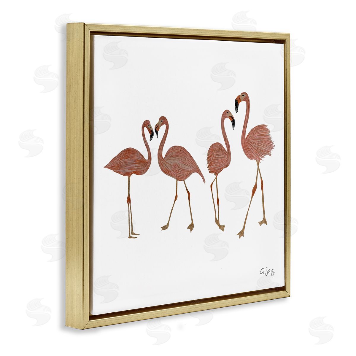 Ale Saiz Studio Mingling Pink Flamingo Birds Animal Illustration  Gold Floating Frame Canvas Wall Art Print