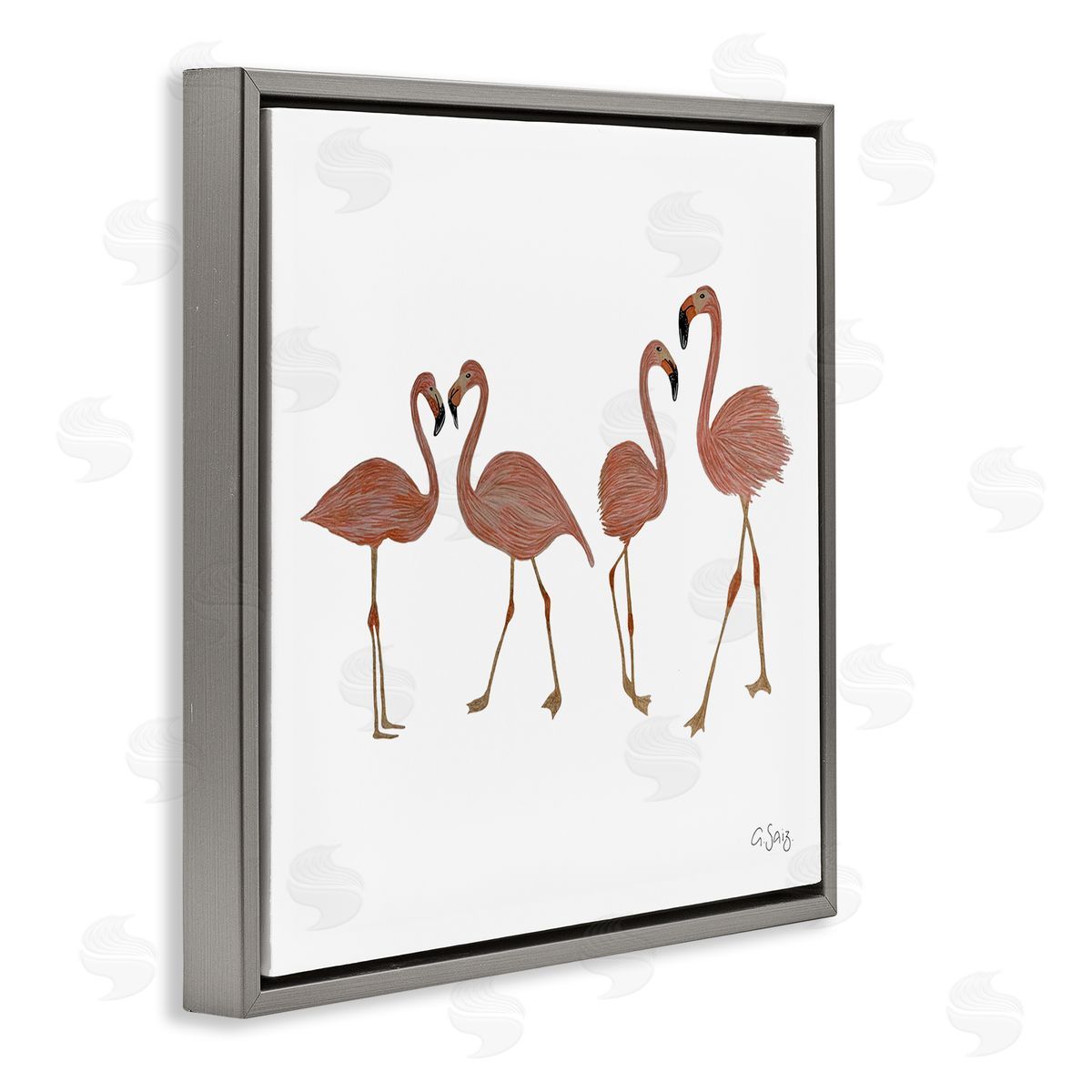 Ale Saiz Studio Mingling Pink Flamingo Birds Animal Illustration  Gray Floating Frame Canvas Wall Art Print