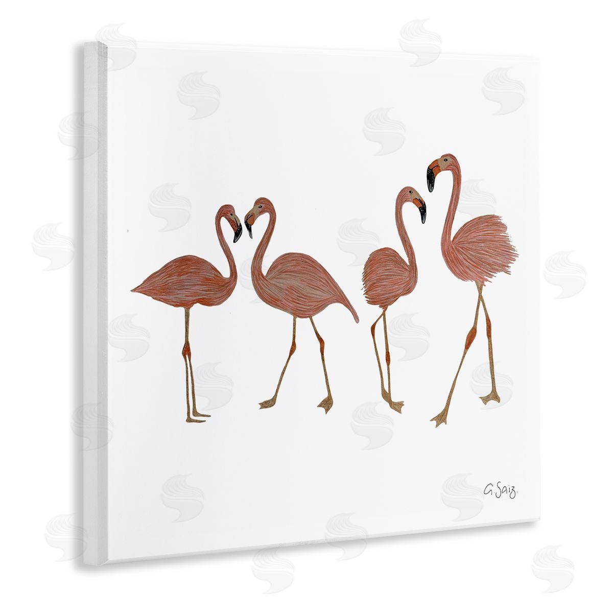 Ale Saiz Studio Mingling Pink Flamingo Birds Animal Illustration  Wooden Wall Plaque Art Print