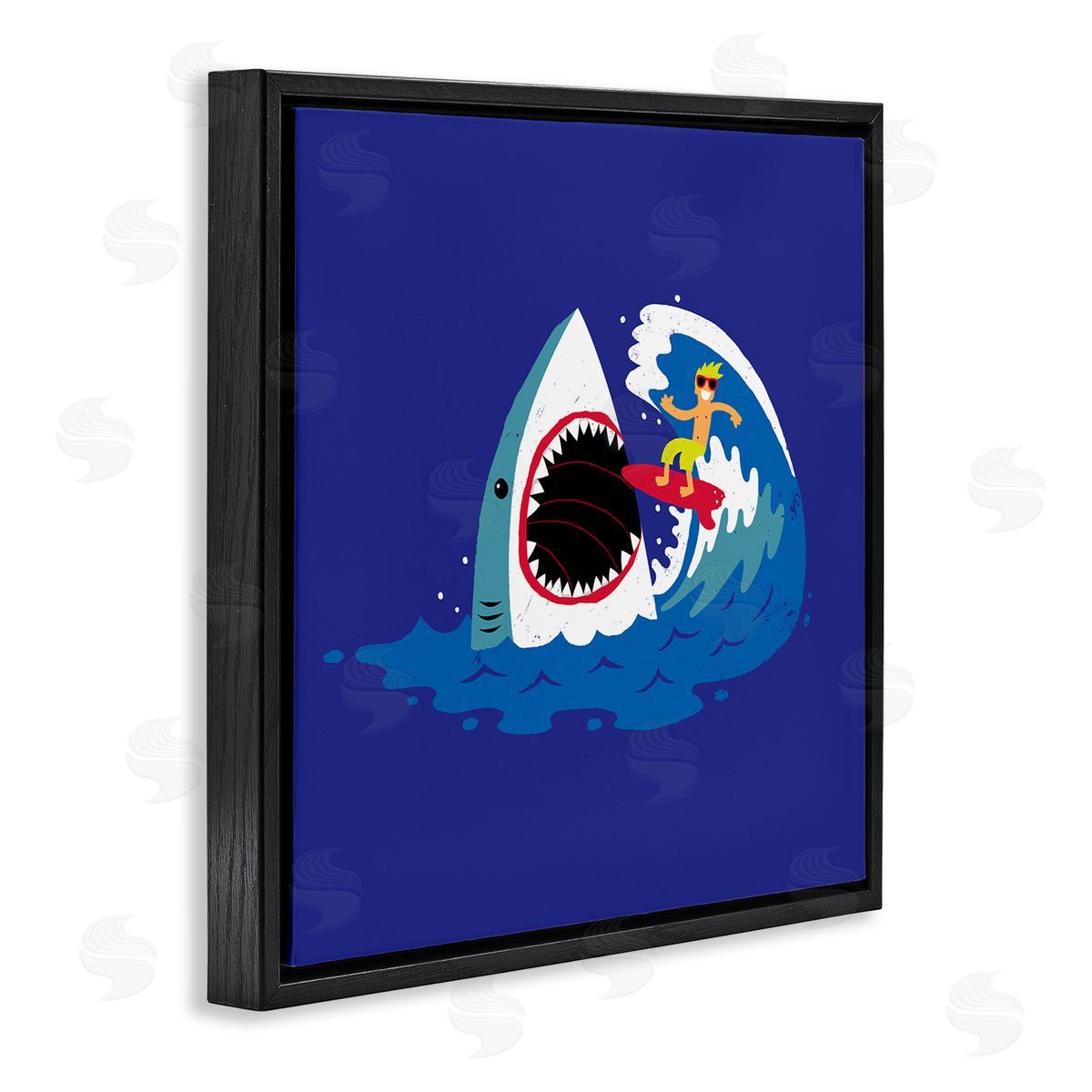 Michael Buxton Surfer Ocean Wave Shark Teeth Whimsical Beach  Black Floating Frame Canvas Wall Art Print